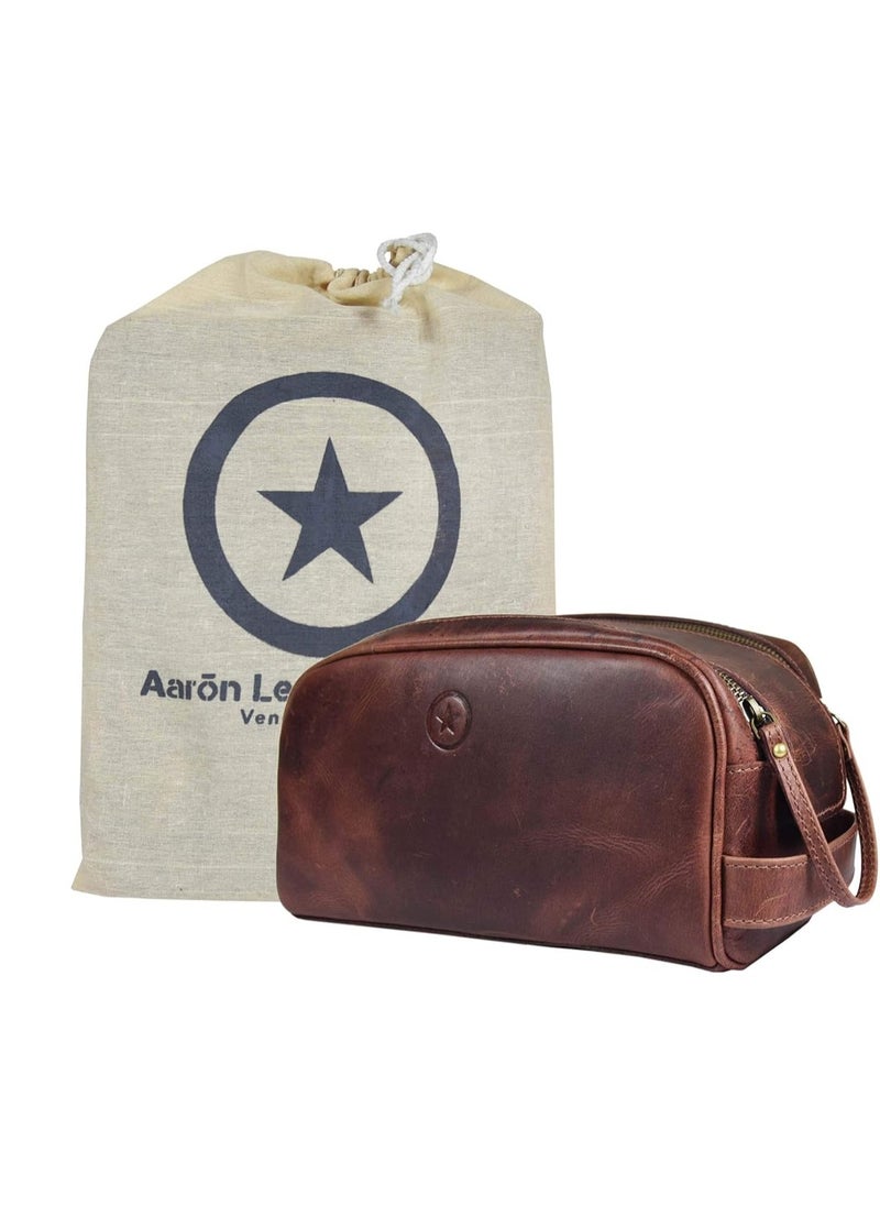 AARON LEATHER GOODS VENDIMIA ESTILO 10" Premium Leather Toiletry Travel Pouch With Waterproof Lining | King-Size Handcrafted Vintage Dopp - Kit By Aaron Leather Goods (Dark Brown)  - Image 1