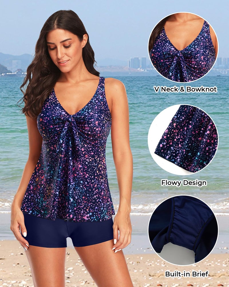 Yonique Women 2 Piece Flowy Tankini Swimsuits with Boyshorts V Neck Swim Tank Tops Bathing Suits Modest Swimwear Star Whole Sky XXL - Image 4