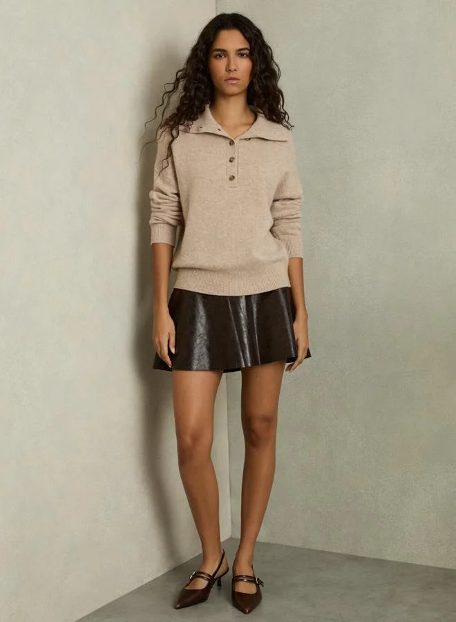 REISS Open Neck Button Knit