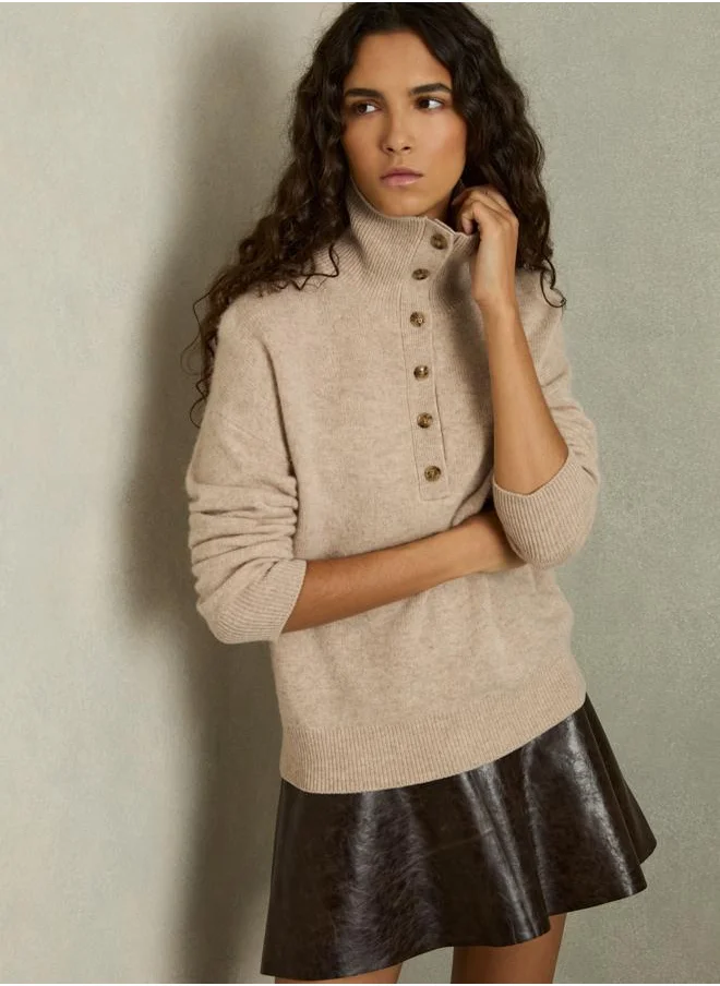 REISS Open Neck Button Knit