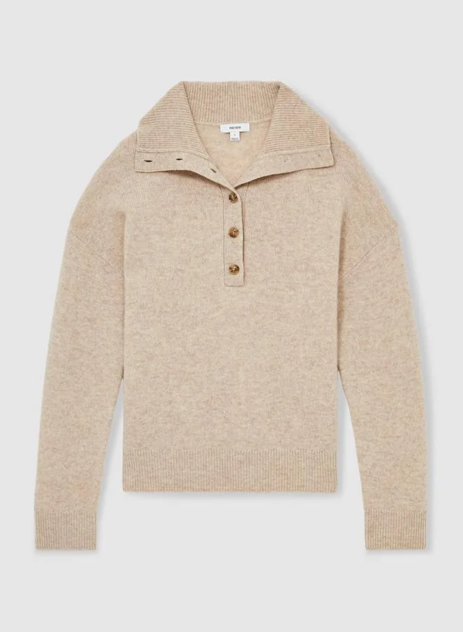 REISS Open Neck Button Knit