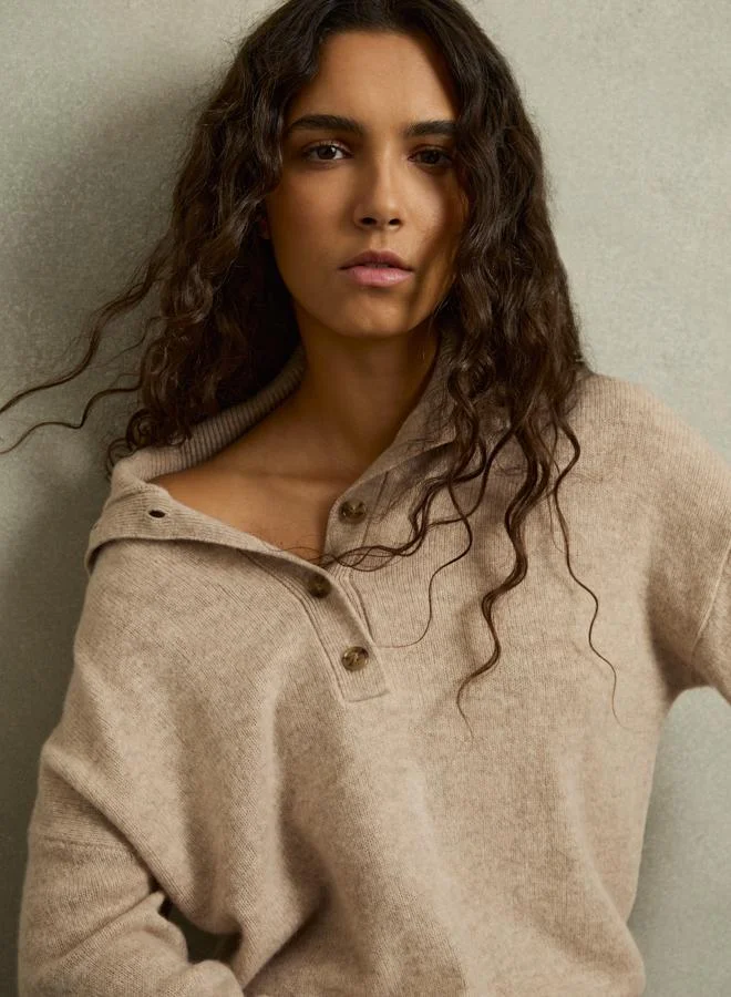 REISS Open Neck Button Knit
