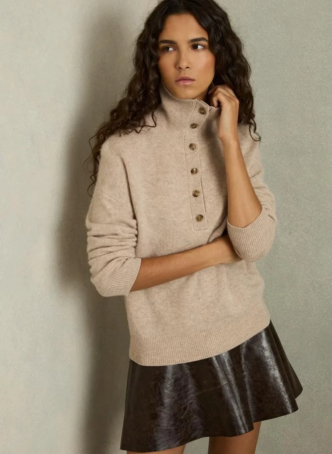 REISS Open Neck Button Knit