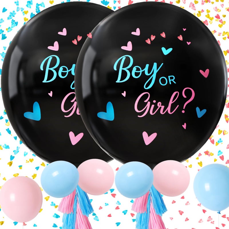 RUBFAC Gender Reveal Balloon Kit, 2pcs 36" Jumbo Black Baby Boy or Girl Balloons with Heart Shaped Paper Confetti, Blue Pink Balloons and Tassels for Baby Shower Gender Reveal Party - Image 1