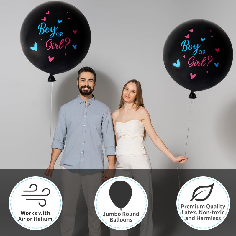 RUBFAC Gender Reveal Balloon Kit, 2pcs 36" Jumbo Black Baby Boy or Girl Balloons with Heart Shaped Paper Confetti, Blue Pink Balloons and Tassels for Baby Shower Gender Reveal Party - Image 3