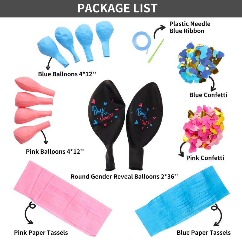 RUBFAC Gender Reveal Balloon Kit, 2pcs 36" Jumbo Black Baby Boy or Girl Balloons with Heart Shaped Paper Confetti, Blue Pink Balloons and Tassels for Baby Shower Gender Reveal Party - Image 2