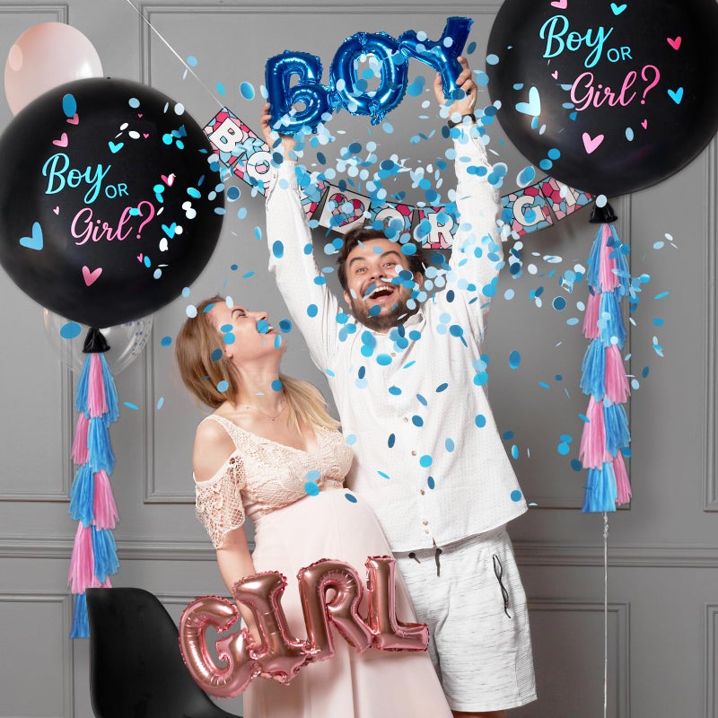 RUBFAC Gender Reveal Balloon Kit, 2pcs 36" Jumbo Black Baby Boy or Girl Balloons with Heart Shaped Paper Confetti, Blue Pink Balloons and Tassels for Baby Shower Gender Reveal Party - Image 5