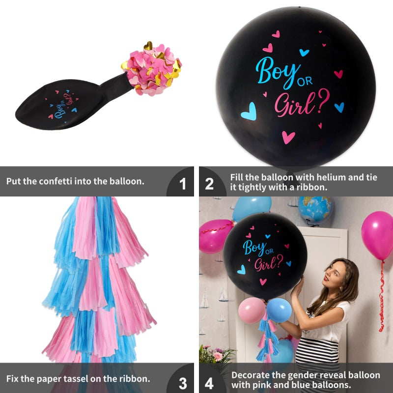 RUBFAC Gender Reveal Balloon Kit, 2pcs 36" Jumbo Black Baby Boy or Girl Balloons with Heart Shaped Paper Confetti, Blue Pink Balloons and Tassels for Baby Shower Gender Reveal Party - Image 4