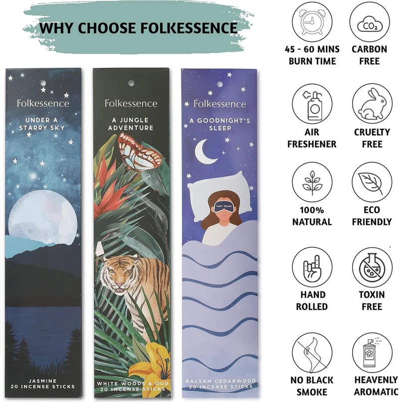 Folkulture Folkulture Incense Sticks - Set of 6 Incenses (120 Sticks) for Relaxation - Balsam Cedarwood, Jasmine, White Woods & Oud, Ocean Salt, Pumpkin Spice, Peppermint