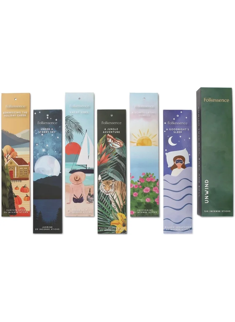 Folkulture Folkulture Incense Sticks - Set of 6 Incenses (120 Sticks) for Relaxation - Balsam Cedarwood, Jasmine, White Woods & Oud, Ocean Salt, Pumpkin Spice, Peppermint