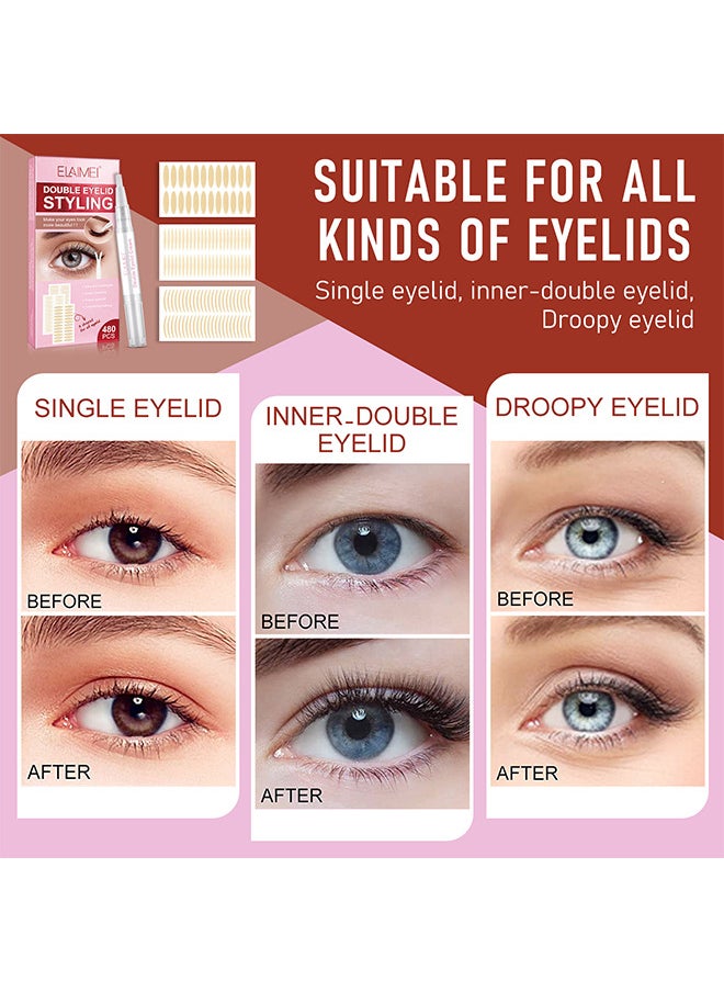 Elaimei - Double Eyelid Tape, 3 Shapes 480 Count Of Invisible Eyelid Lifter Strips, Waterproof Double Eyelid Stickers For Hooded, Droopy, Uneven, Mono-Eyelids, Say Goodbye To Droopy Lids And Hooded - Image 1
