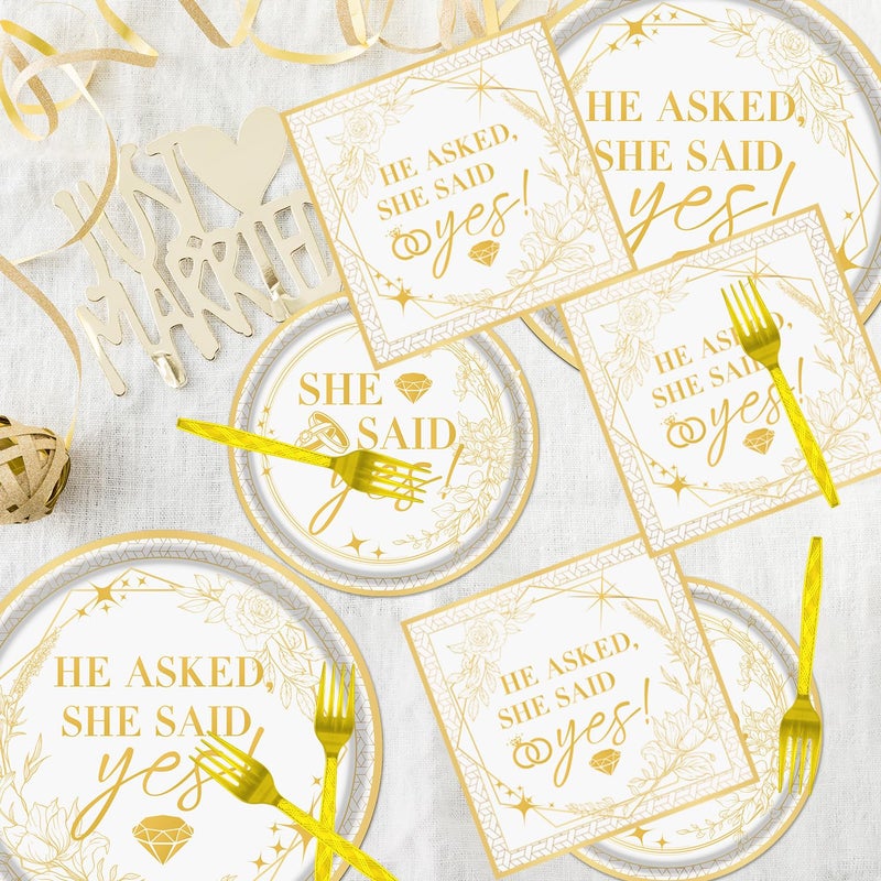 Rakuto Engagement Party Tableware Decorations  96PCS She Said Yes Disposable Plates and Napkins Forks Set  Bridal Shower Wedding Plates and Napkins Dinnerware Sets - Image 4