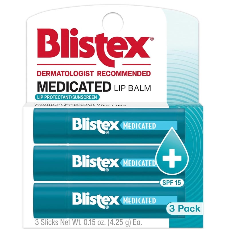 Blistex بلستكس بلسم شفاه طبي، 0.15 أونصة، 3 عدّ (عبوة من 1) يمنع الجفاف والتشقق، حماية من الشمس SPF 15، يحبس الرطوبة، بلسم شفاه مرطب، تركيبة سهلة الانزلاق لتغطية كاملة - Image 1
