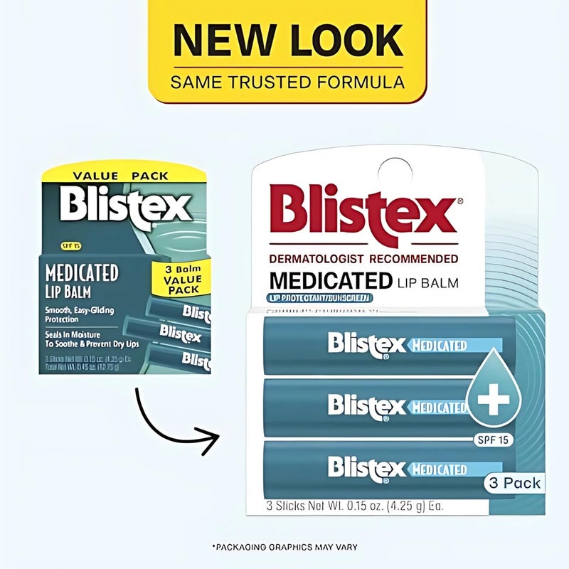 Blistex بلستكس بلسم شفاه طبي، 0.15 أونصة، 3 عدّ (عبوة من 1) يمنع الجفاف والتشقق، حماية من الشمس SPF 15، يحبس الرطوبة، بلسم شفاه مرطب، تركيبة سهلة الانزلاق لتغطية كاملة - Image 2