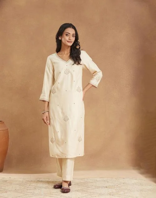 Fabindia Natural Viscose Silk Embroidered Pant & Kurta Set