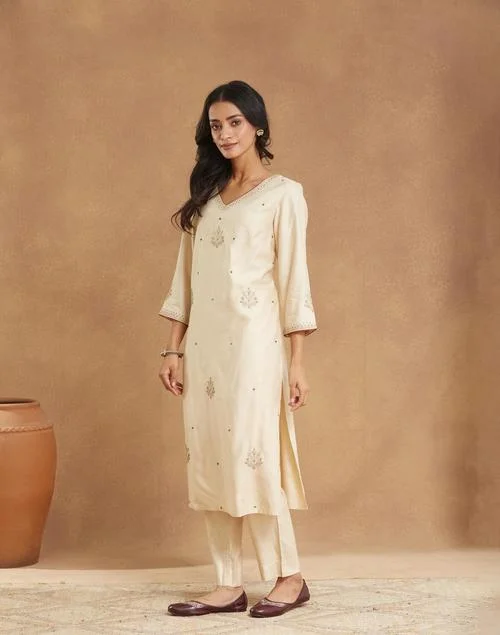 Fabindia Natural Viscose Silk Embroidered Pant & Kurta Set