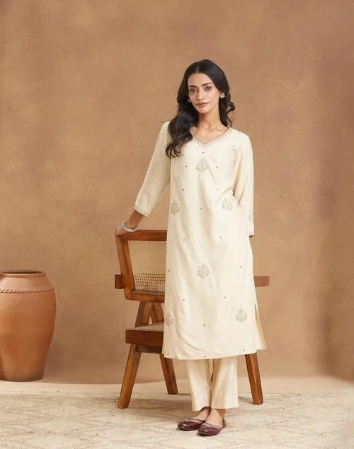 Fabindia Natural Viscose Silk Embroidered Pant & Kurta Set
