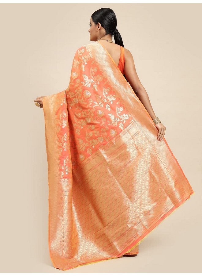 AMIRAT CLOTHING Women's Banarsi Litchi Silk Saree With Unstiched Blouse Piece (Orange) - Image 2
