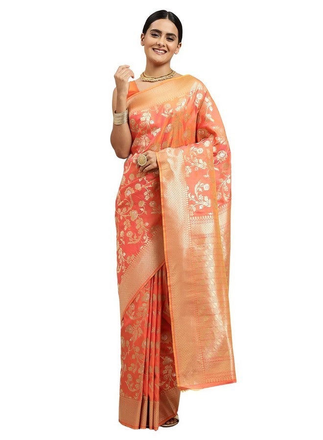 AMIRAT CLOTHING Women's Banarsi Litchi Silk Saree With Unstiched Blouse Piece (Orange) - Image 1