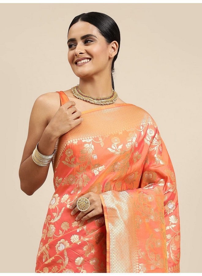 AMIRAT CLOTHING Women's Banarsi Litchi Silk Saree With Unstiched Blouse Piece (Orange) - Image 3