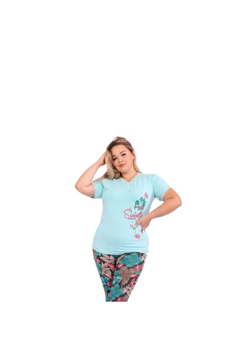 Women's pajamas, blue T-shirt and multi-colored pants