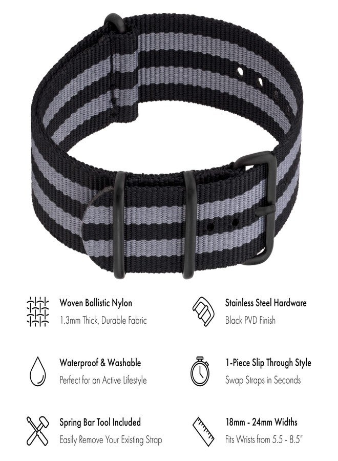 Benchmark Basics Nylon Watch Band - Waterproof Ballistic Nylon One-Piece Military Watch Straps for Men & Women (18mm, Black/Grey Bond Striped PVD) - Image 2