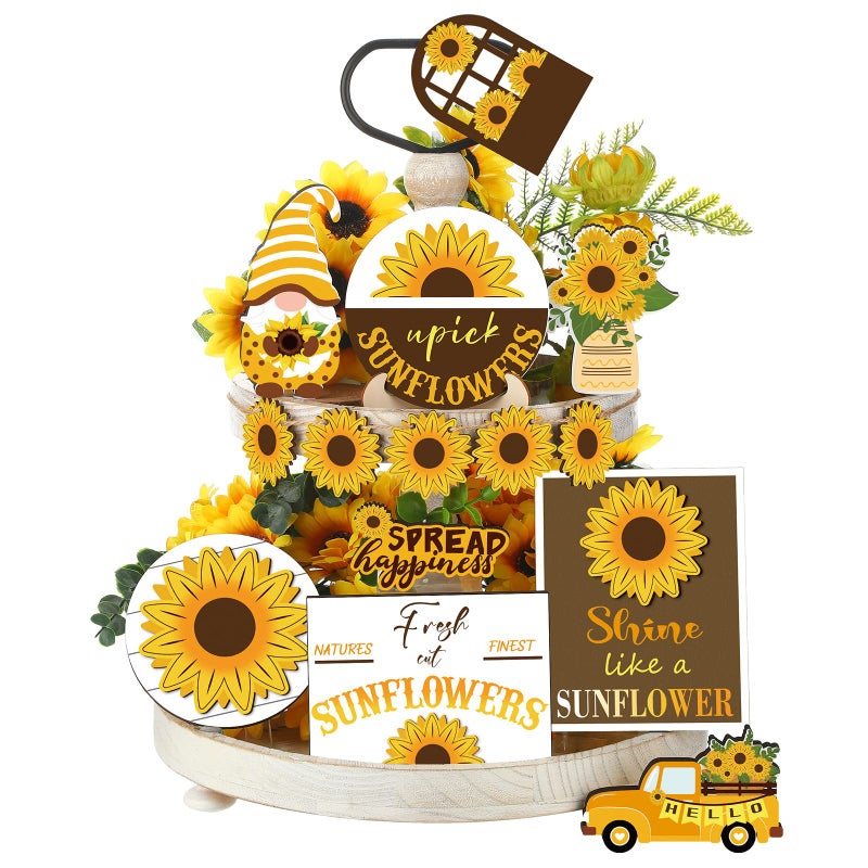 Purpeak 12 Pcs Sunflower Tiered Tray Decor Set Summer Kitchen Decor Tiered Tray Rustic Farmhouse Tier Tray Decor Items Sunflower Gnome Wooden Signs For Sunflower Party Decor Summer Home Decoration