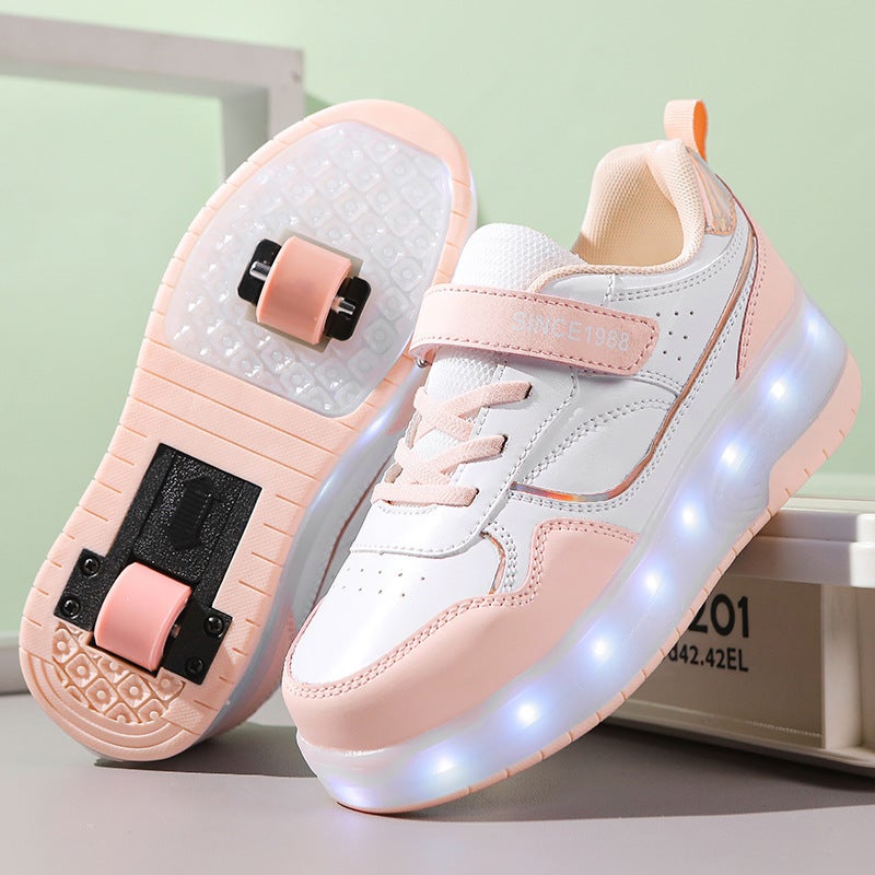 Generic [Cross-border] Double-wheel walking shoes boys and girls two-wheel charging shoes high-looking shoes with wheels for 6-16 years old 1988 pink two-wheel charging