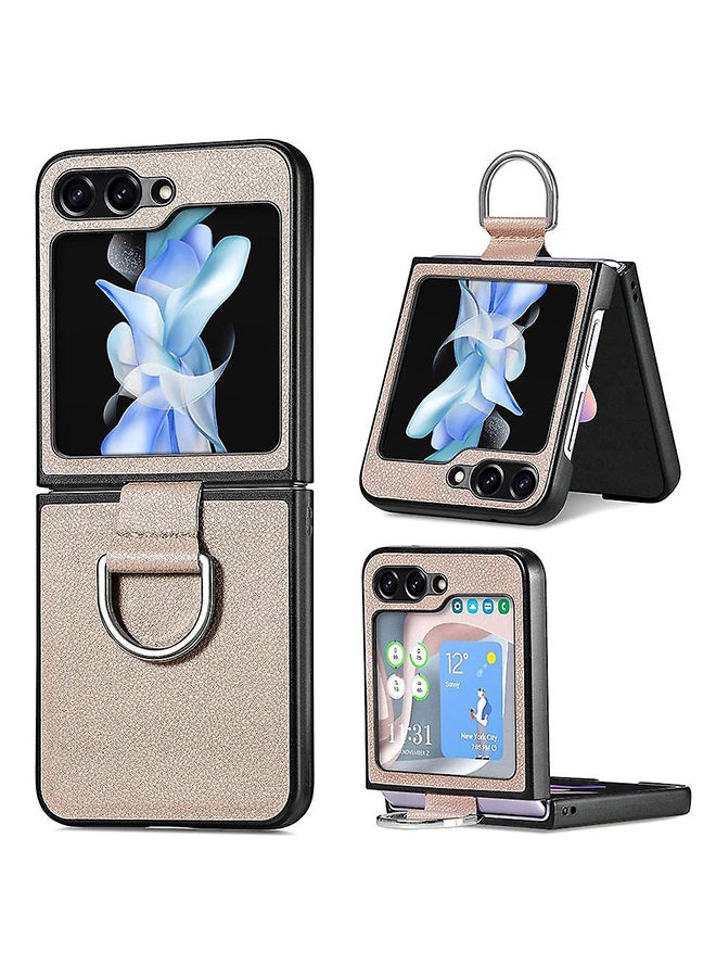 O Ozone Flip Case For Samsung Galaxy Z Flip 5 Cover With Ring Holder Premium PU Leather Non-Slip Durable Protective Slim Thin Shockproof Phone Cover - Beige  - Image 1