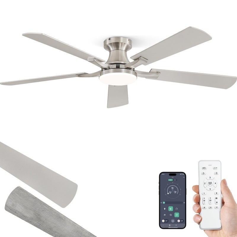 ZMISHIBO 52 Inch Ceiling Fan with Light, App&Remote Control, Flush Mount Low Profile, Dimmable 20W LED Light, Quiet Reversible Motor for Bedroom, Living Room, Apartment, Nickel - Image 1