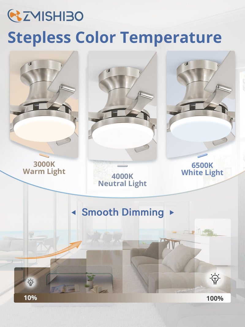 ZMISHIBO 52 Inch Ceiling Fan with Light, App&Remote Control, Flush Mount Low Profile, Dimmable 20W LED Light, Quiet Reversible Motor for Bedroom, Living Room, Apartment, Nickel - Image 3