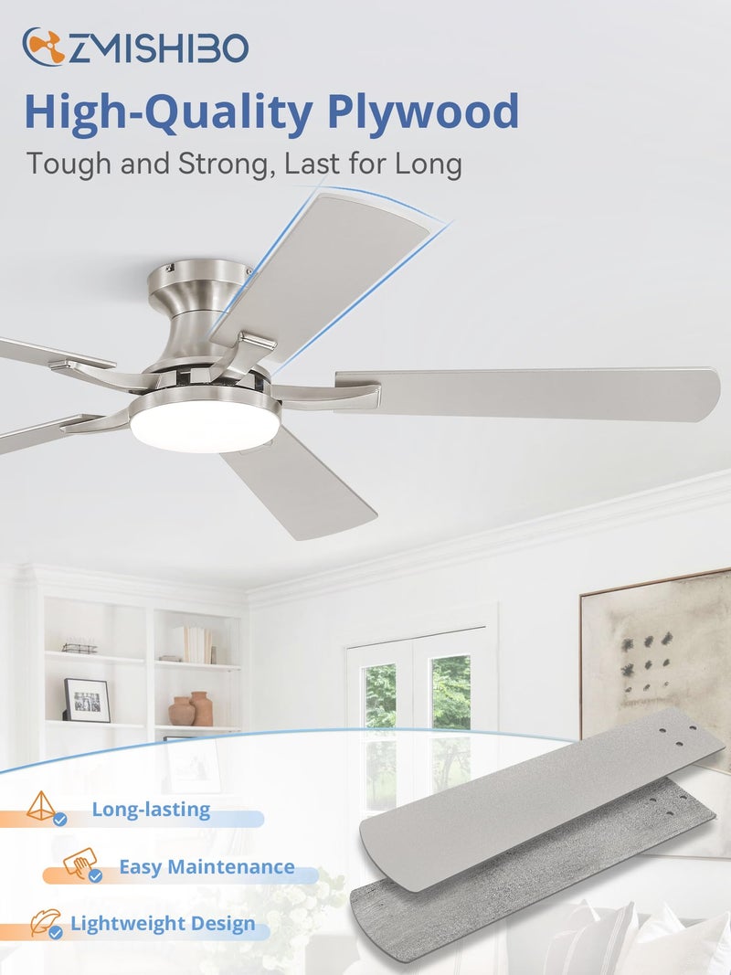 ZMISHIBO 52 Inch Ceiling Fan with Light, App&Remote Control, Flush Mount Low Profile, Dimmable 20W LED Light, Quiet Reversible Motor for Bedroom, Living Room, Apartment, Nickel - Image 5