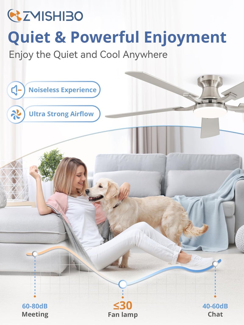 ZMISHIBO 52 Inch Ceiling Fan with Light, App&Remote Control, Flush Mount Low Profile, Dimmable 20W LED Light, Quiet Reversible Motor for Bedroom, Living Room, Apartment, Nickel - Image 4