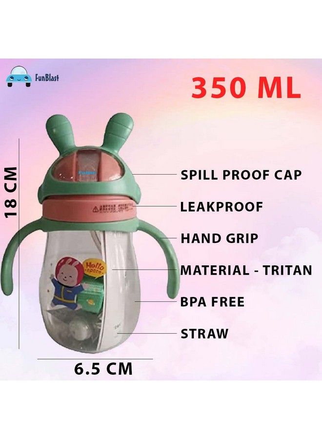 FunBlast School Water Bottle With Straw And Adjustable Strap For Kids School Sipper Tritan Water Bottle For Small Kids Cartoon Themed Cute Water Bottle For Boys And Girls (350 Ml) (Green) - Image 4
