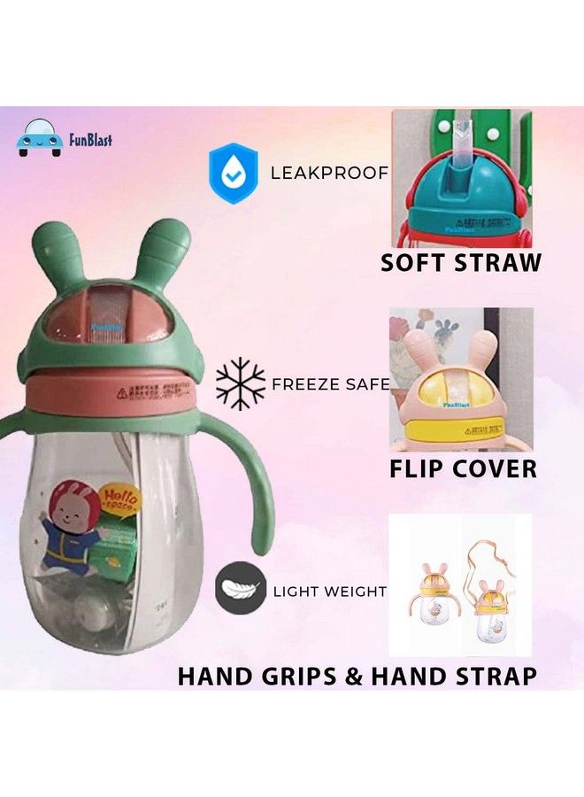 FunBlast School Water Bottle With Straw And Adjustable Strap For Kids School Sipper Tritan Water Bottle For Small Kids Cartoon Themed Cute Water Bottle For Boys And Girls (350 Ml) (Green) - Image 5