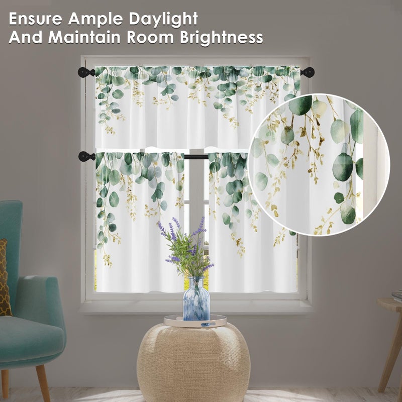 Tayney Eucalyptus Leaves Kitchen Window Curtains Valance and Tier Set 36 Inch, Sage Green Gold Watercolor Rod Pocket Short Tier Curtain for Bathroom, Spring Summer Small Cafe Drapes for Kitchen Decor - Image 2