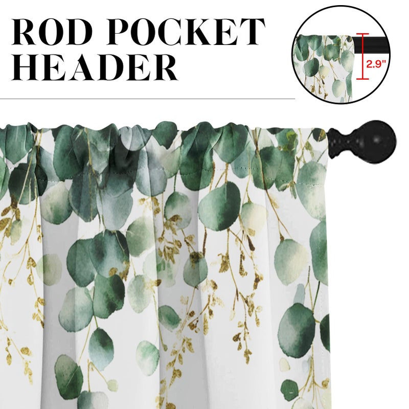 Tayney Eucalyptus Leaves Kitchen Window Curtains Valance and Tier Set 36 Inch, Sage Green Gold Watercolor Rod Pocket Short Tier Curtain for Bathroom, Spring Summer Small Cafe Drapes for Kitchen Decor - Image 5