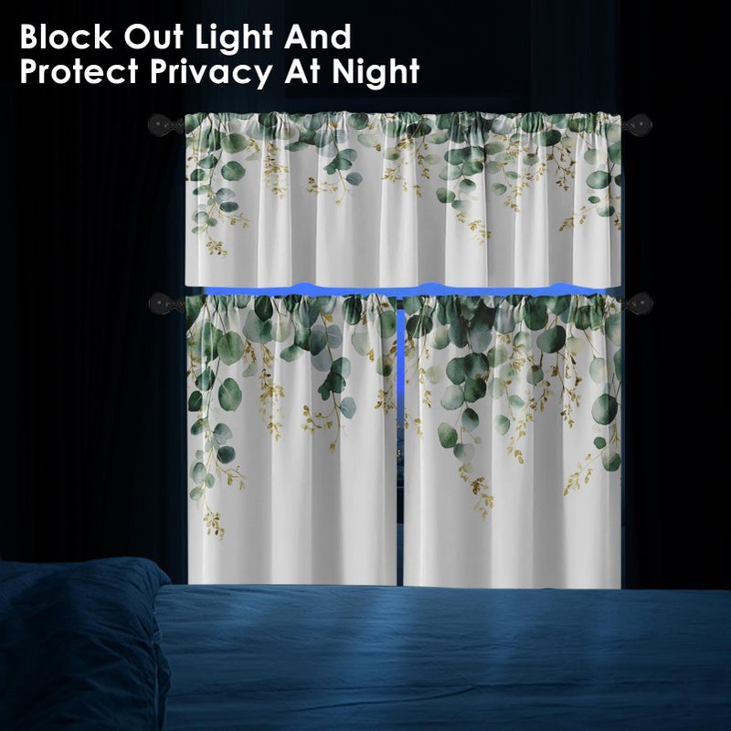 Tayney Eucalyptus Leaves Kitchen Window Curtains Valance and Tier Set 36 Inch, Sage Green Gold Watercolor Rod Pocket Short Tier Curtain for Bathroom, Spring Summer Small Cafe Drapes for Kitchen Decor - Image 3