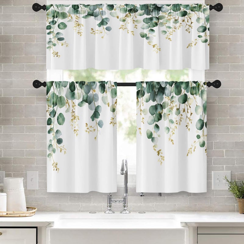 Tayney Eucalyptus Leaves Kitchen Window Curtains Valance and Tier Set 36 Inch, Sage Green Gold Watercolor Rod Pocket Short Tier Curtain for Bathroom, Spring Summer Small Cafe Drapes for Kitchen Decor - Image 1
