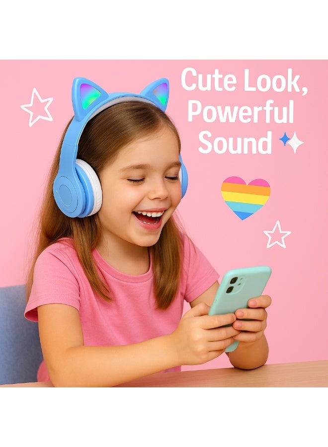 سماعة رأس P47M بتصميم أذن قطة مع إضاءة RGB – هاي فاي ستيريو، بلوتوث 5.0، بطارية قابلة للشحن، دعم TF Card وAUX- بيبي بلو - Image 3