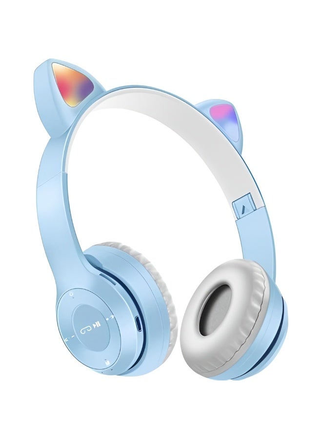 سماعة رأس P47M بتصميم أذن قطة مع إضاءة RGB – هاي فاي ستيريو، بلوتوث 5.0، بطارية قابلة للشحن، دعم TF Card وAUX- بيبي بلو - Image 1
