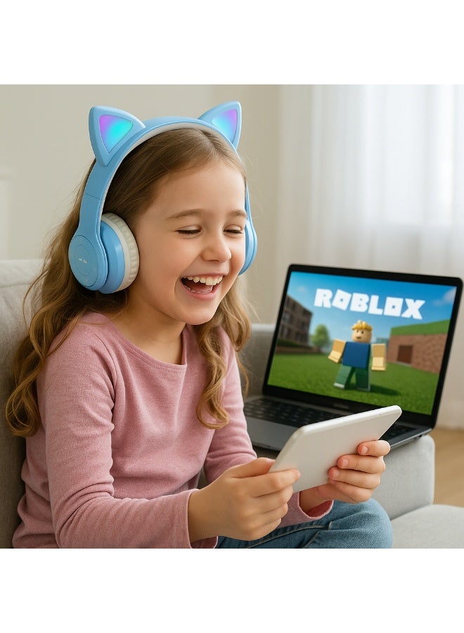 سماعة رأس P47M بتصميم أذن قطة مع إضاءة RGB – هاي فاي ستيريو، بلوتوث 5.0، بطارية قابلة للشحن، دعم TF Card وAUX- بيبي بلو - Image 4