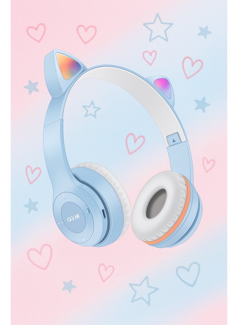سماعة رأس P47M بتصميم أذن قطة مع إضاءة RGB – هاي فاي ستيريو، بلوتوث 5.0، بطارية قابلة للشحن، دعم TF Card وAUX- بيبي بلو - Image 5
