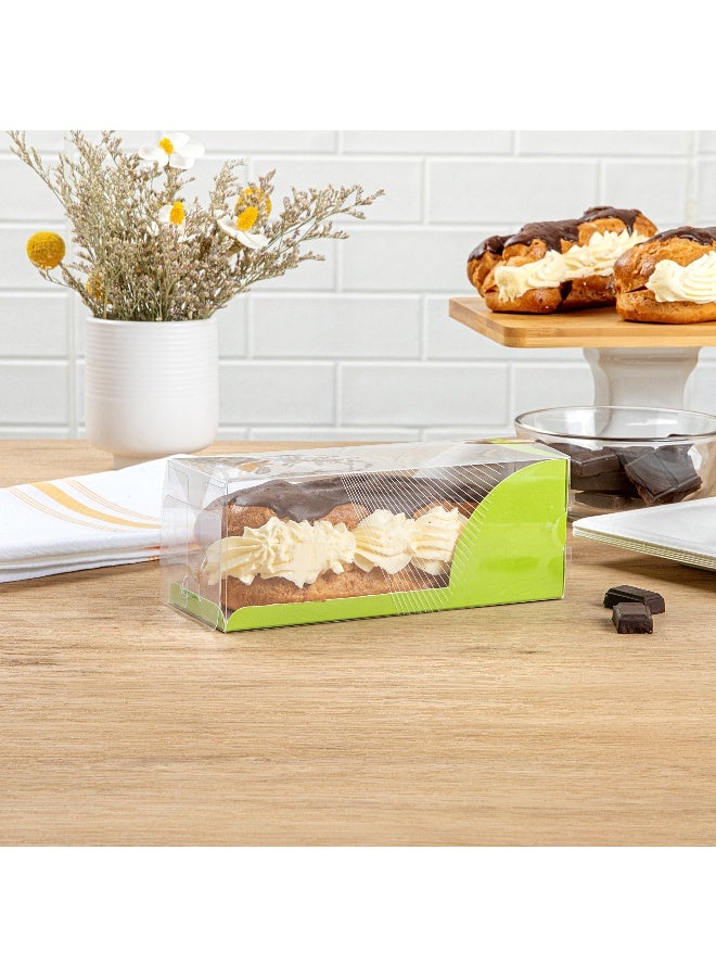 Restaurantware 7 Inch x 2.5 Inch Clear Dessert Boxes, 100 Green Paper Sleeve Transparent Candy Boxes - Geometric Line Accent, No Grease Lining, Clear Plastic Clear Favor Boxes, Crack Resistant  - Image 3