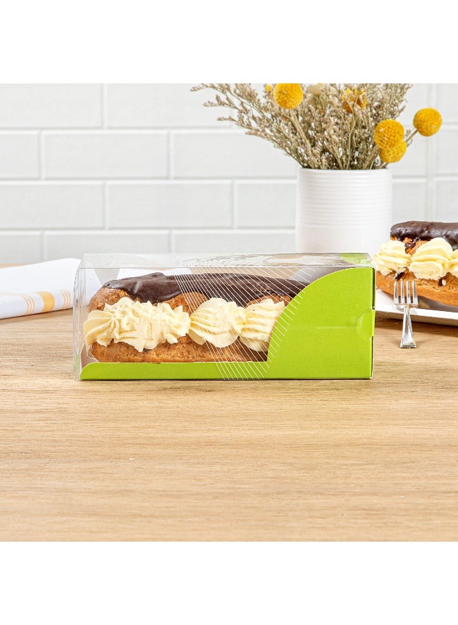 Restaurantware 7 Inch x 2.5 Inch Clear Dessert Boxes, 100 Green Paper Sleeve Transparent Candy Boxes - Geometric Line Accent, No Grease Lining, Clear Plastic Clear Favor Boxes, Crack Resistant  - Image 4