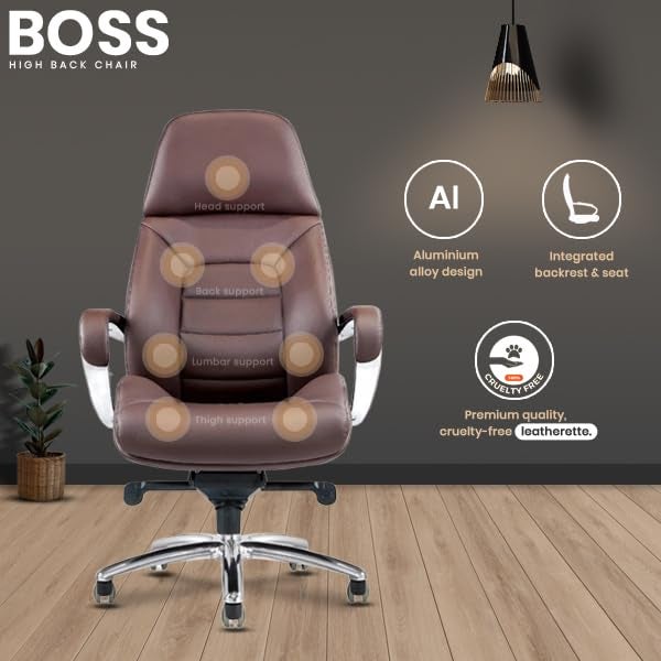 MAKE MY CHAIRS.COM Make My Chairs BOSS High Back Half Leatherette Back 5 Star Strong Aluminium Base 3 Years Warranty Boss Chair Executive Chair Directors MD Chairs Brown  - Image 3