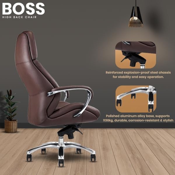 MAKE MY CHAIRS.COM Make My Chairs BOSS High Back Half Leatherette Back 5 Star Strong Aluminium Base 3 Years Warranty Boss Chair Executive Chair Directors MD Chairs Brown  - Image 4