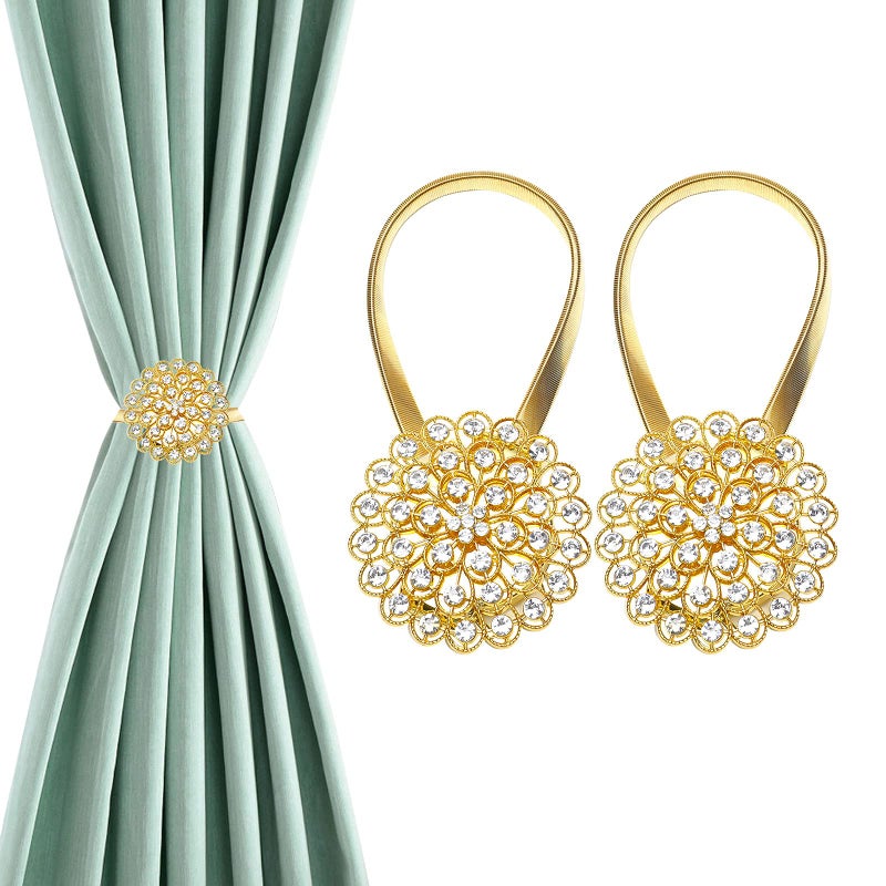 Mightree Magnetic Curtain Tiebacks Window Curtain Clips with Stretchy Metal Rope for Home Office Outdoor Decor Curtain Holder Holdbacks 2 Pack Window Drape Holdbacks Gold Diamond Flower