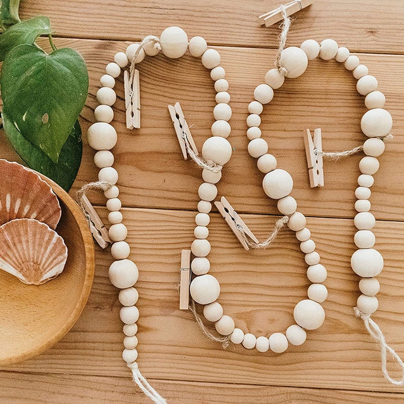 1pc Wood Bead String Photo Wall Decor Storage Photo Bead String Pendant with Clips - Image 1