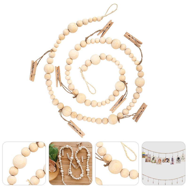 1pc Wood Bead String Photo Wall Decor Storage Photo Bead String Pendant with Clips - Image 3